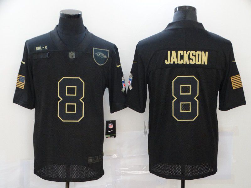 Men Baltimore Ravens #8 Jackson Black gold lettering 2020 Nike NFL Jersey